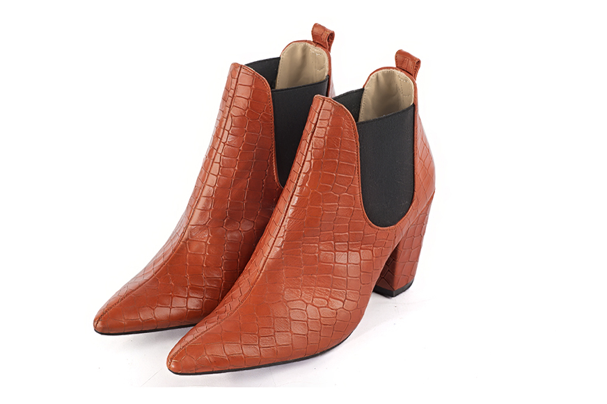 Women's terracotta orange and matt black elegant Chelsea ankle boots, with side elastics. Tapered toe. High cone heels - Front view